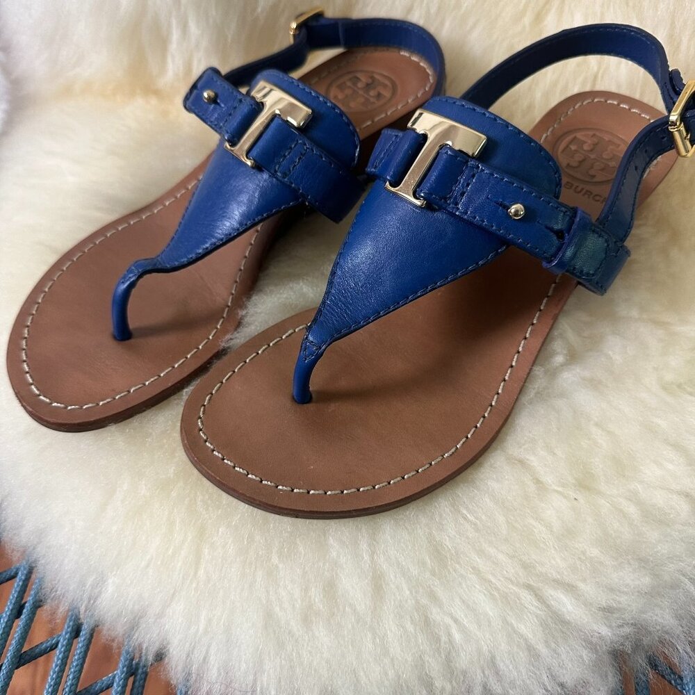 Tory Burch Casey Wedge Thong Sandal Leather w/ "T" Logo in Royal Blue Size 5